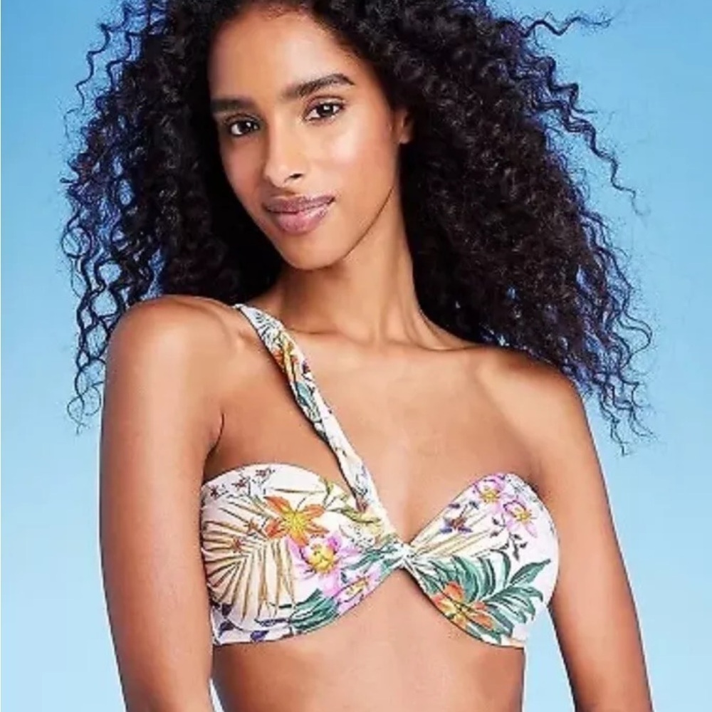 NWT Shade & Shore Sz XL Bikini Top One Shoulder Bandeau Cream Tropical Print NEW